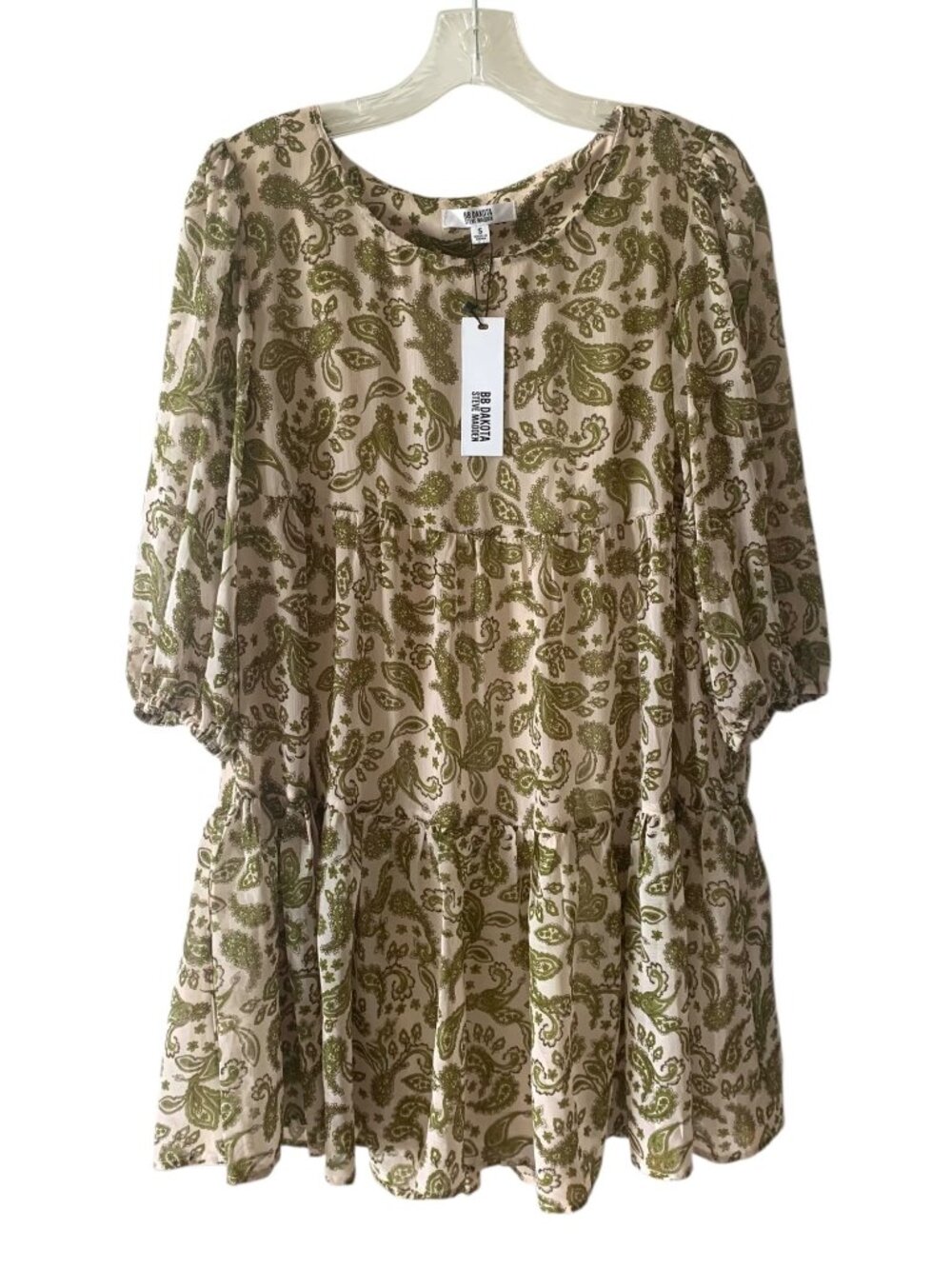 BB DAKOTA + STEVE MADDEN Beige + Green Paisley Lined Babydoll Dress NWT Small